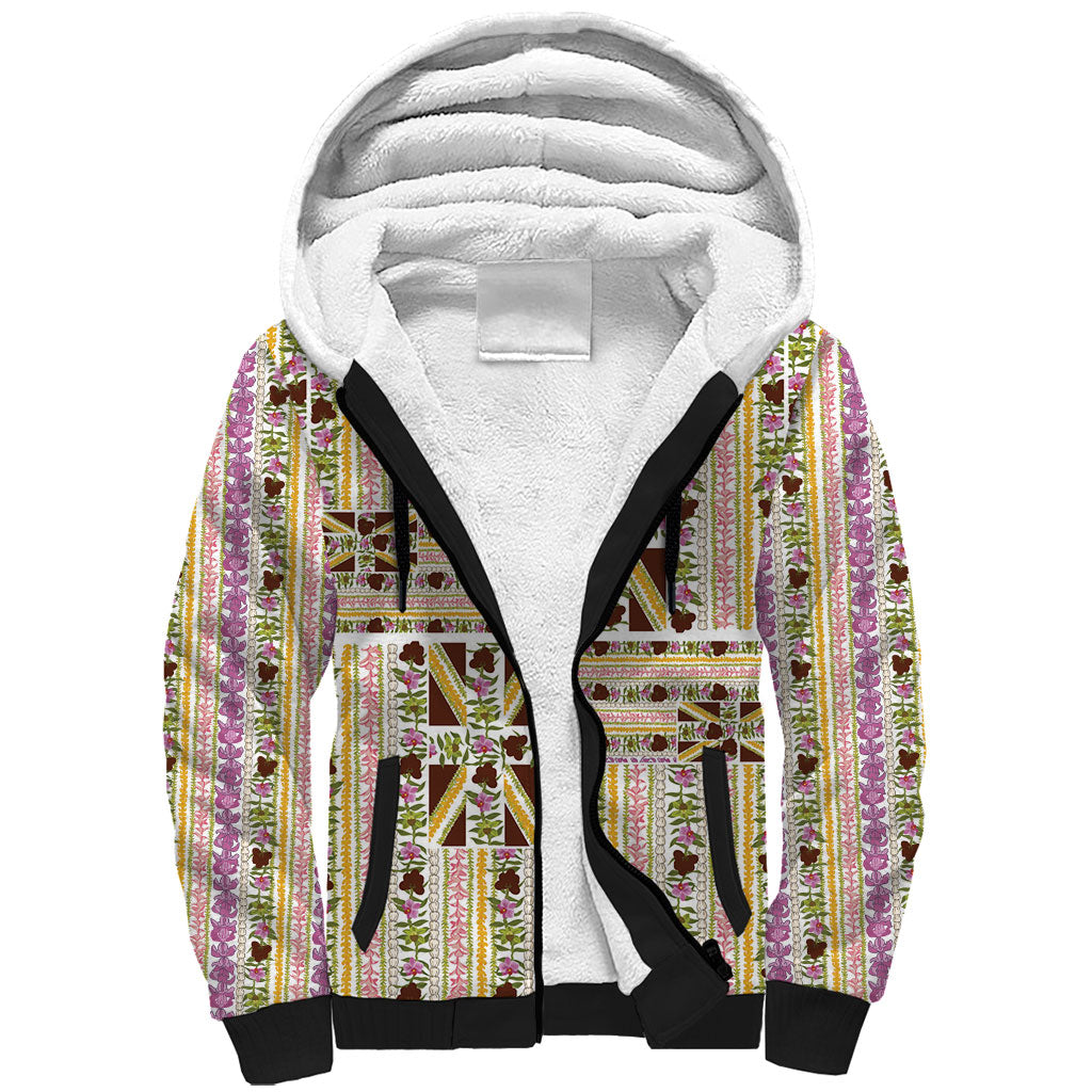 Hawaii Lokelani Pikake Lei Sherpa Hoodie Hawaiian Flag Motif