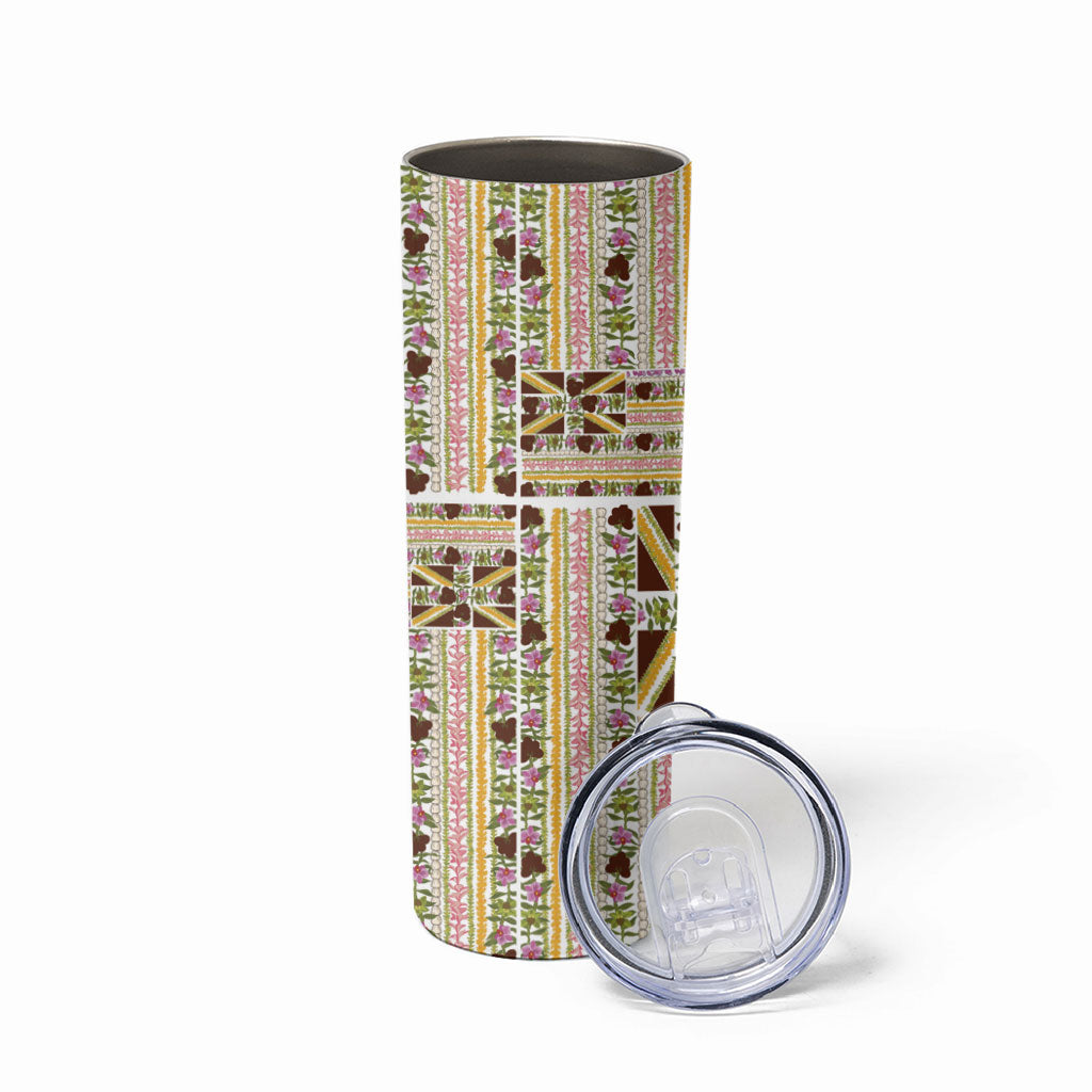 Hawaii Lokelani Pikake Lei Skinny Tumbler Hawaiian Flag Motif LT9 - Polynesian Pride