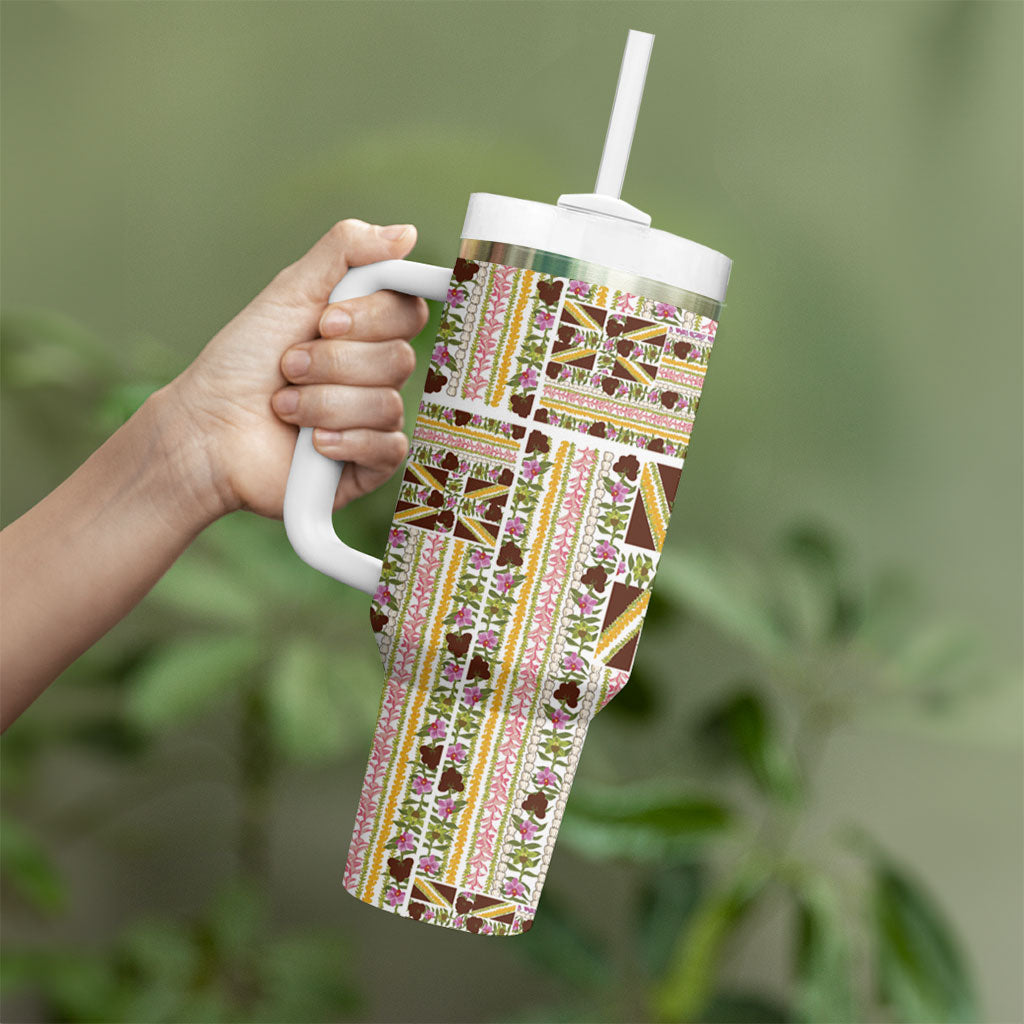 Hawaii Lokelani Pikake Lei Tumbler With Handle Hawaiian Flag Motif