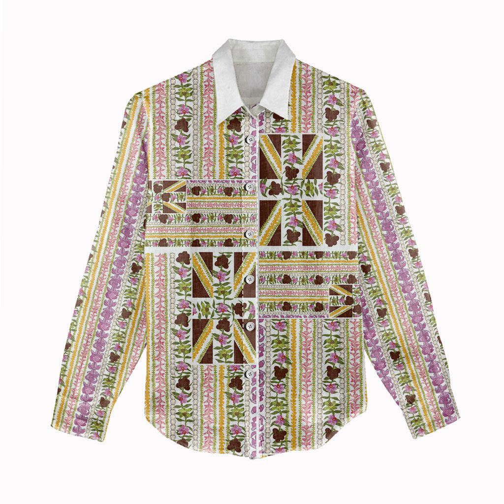 Hawaii Lokelani Pikake Lei Women Casual Shirt Hawaiian Flag Motif LT9 - Polynesian Pride