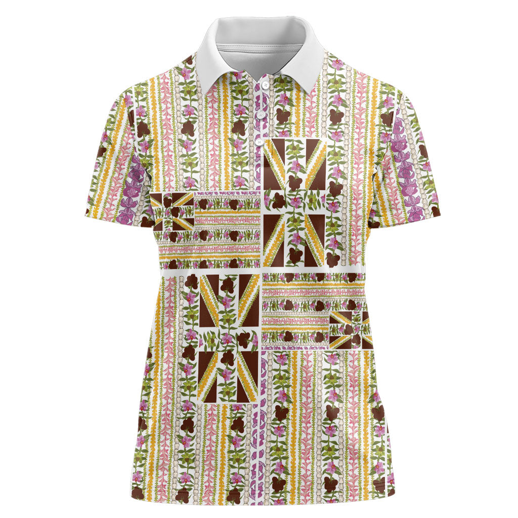 Hawaii Lokelani Pikake Lei Women Polo Shirt Hawaiian Flag Motif LT9 Female White - Polynesian Pride