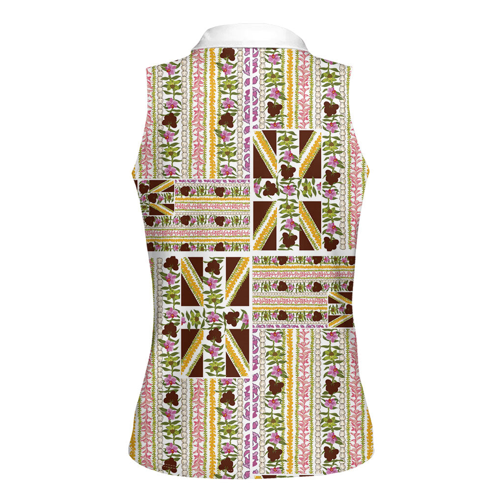 Hawaii Lokelani Pikake Lei Women Sleeveless Polo Shirt Hawaiian Flag Motif LT9 - Polynesian Pride