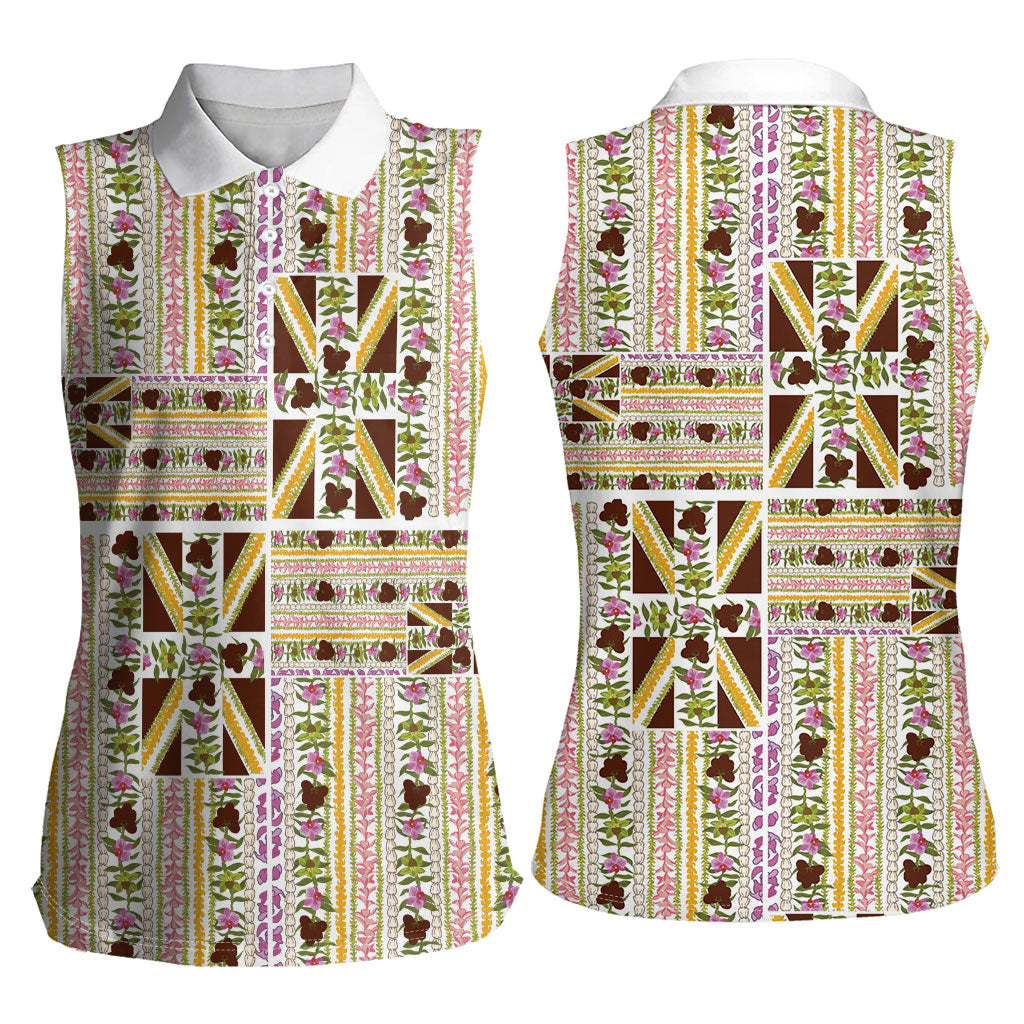 Hawaii Lokelani Pikake Lei Women Sleeveless Polo Shirt Hawaiian Flag Motif LT9 - Polynesian Pride