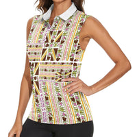 Hawaii Lokelani Pikake Lei Women Sleeveless Polo Shirt Hawaiian Flag Motif LT9 - Polynesian Pride
