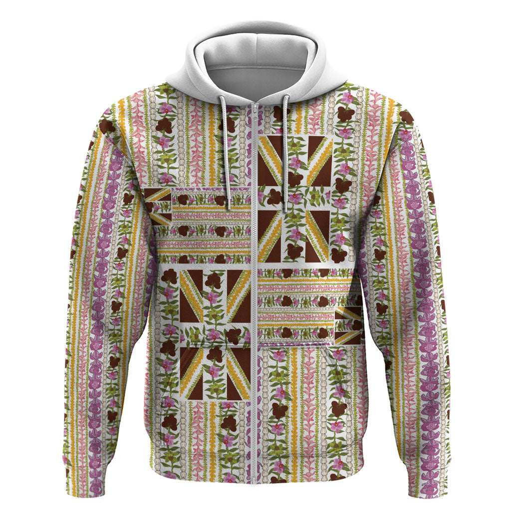 Hawaii Lokelani Pikake Lei Zip Hoodie Hawaiian Flag Motif
