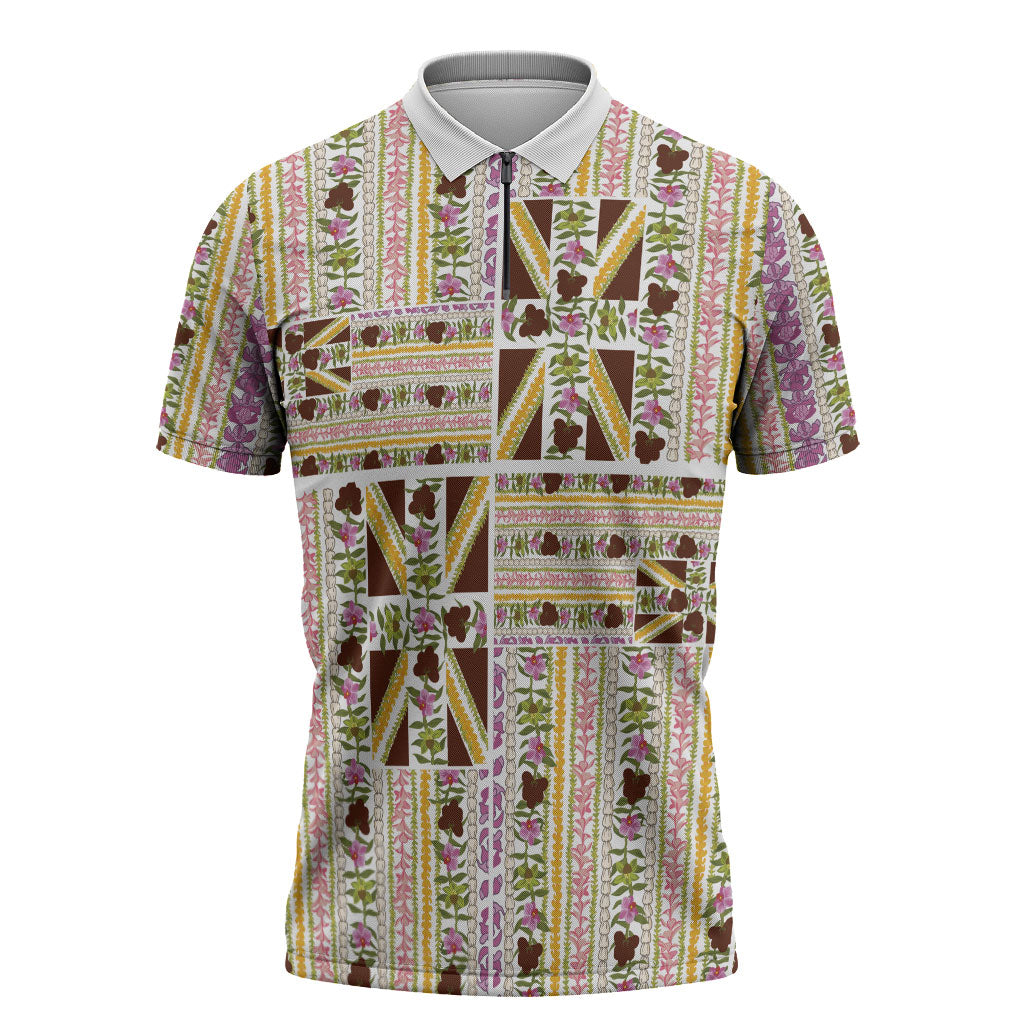 Hawaii Lokelani Pikake Lei Zipper Polo Shirt Hawaiian Flag Motif