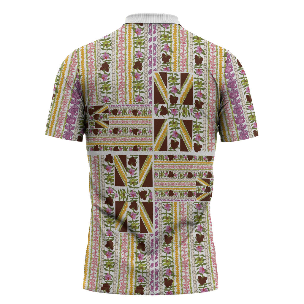 Hawaii Lokelani Pikake Lei Zipper Polo Shirt Hawaiian Flag Motif