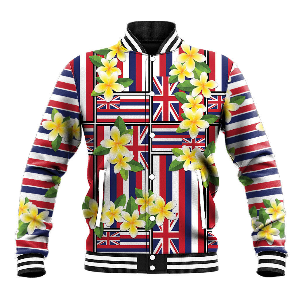 Hawaii Plumeria Lei Baseball Jacket Hawaiian Flag Motif