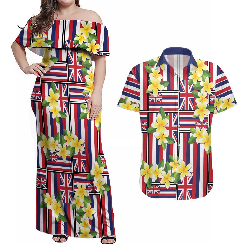 Hawaii Plumeria Lei Couples Matching Off Shoulder Maxi Dress and Hawaiian Shirt Hawaiian Flag Motif LT9 Red - Polynesian Pride