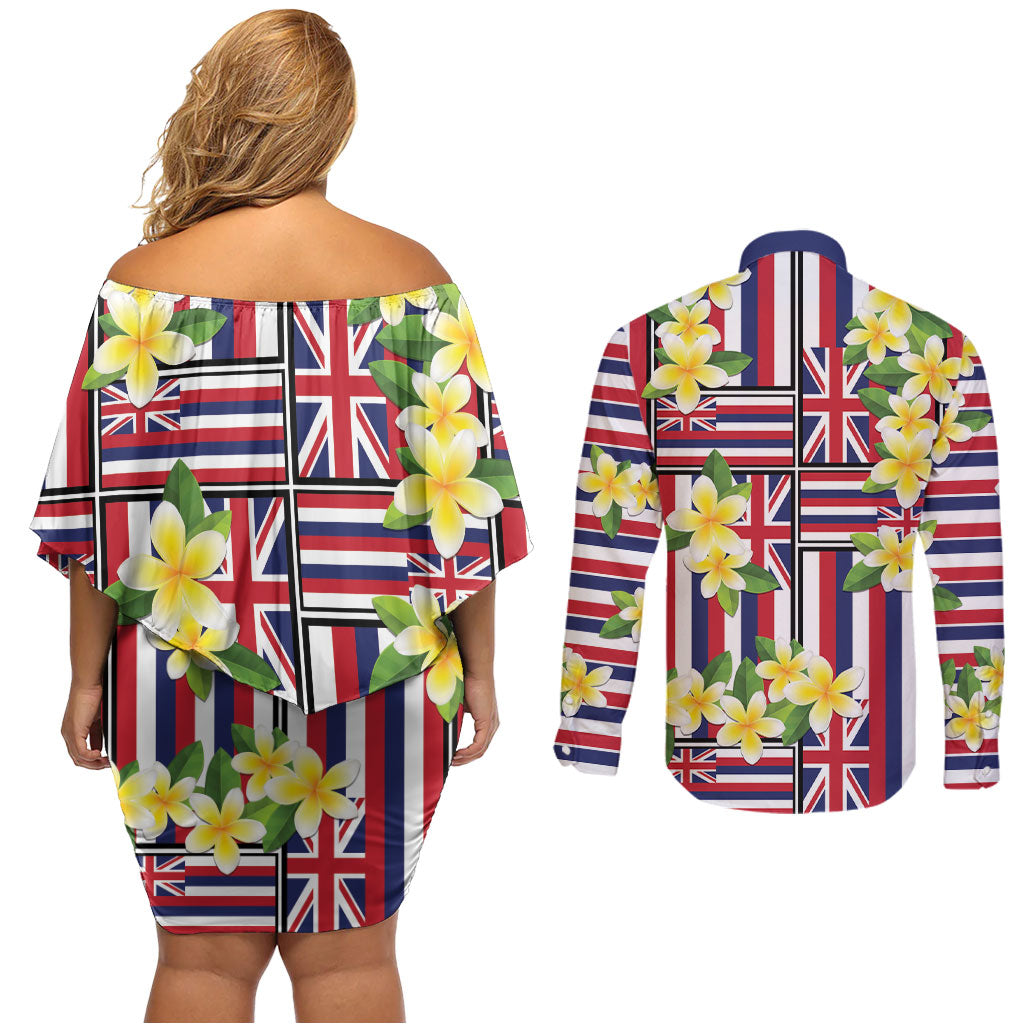Hawaii Plumeria Lei Couples Matching Off Shoulder Short Dress and Long Sleeve Button Shirt Hawaiian Flag Motif LT9 - Polynesian Pride