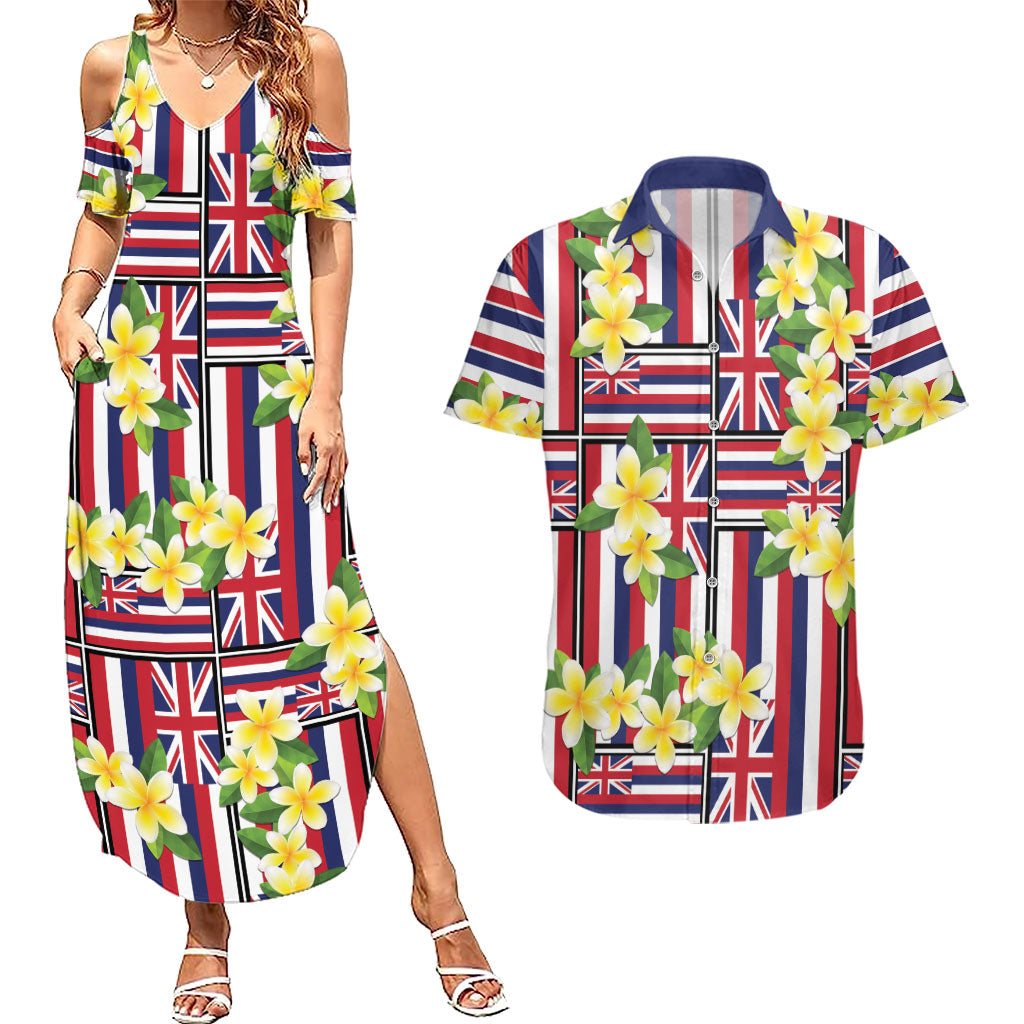 Hawaii Plumeria Lei Couples Matching Summer Maxi Dress and Hawaiian Shirt Hawaiian Flag Motif