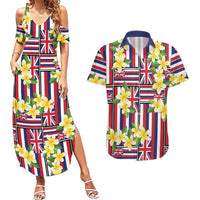 Hawaii Plumeria Lei Couples Matching Summer Maxi Dress and Hawaiian Shirt Hawaiian Flag Motif LT9 Red - Polynesian Pride