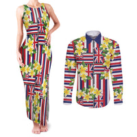 Hawaii Plumeria Lei Couples Matching Tank Maxi Dress and Long Sleeve Button Shirt Hawaiian Flag Motif LT9 Red - Polynesian Pride
