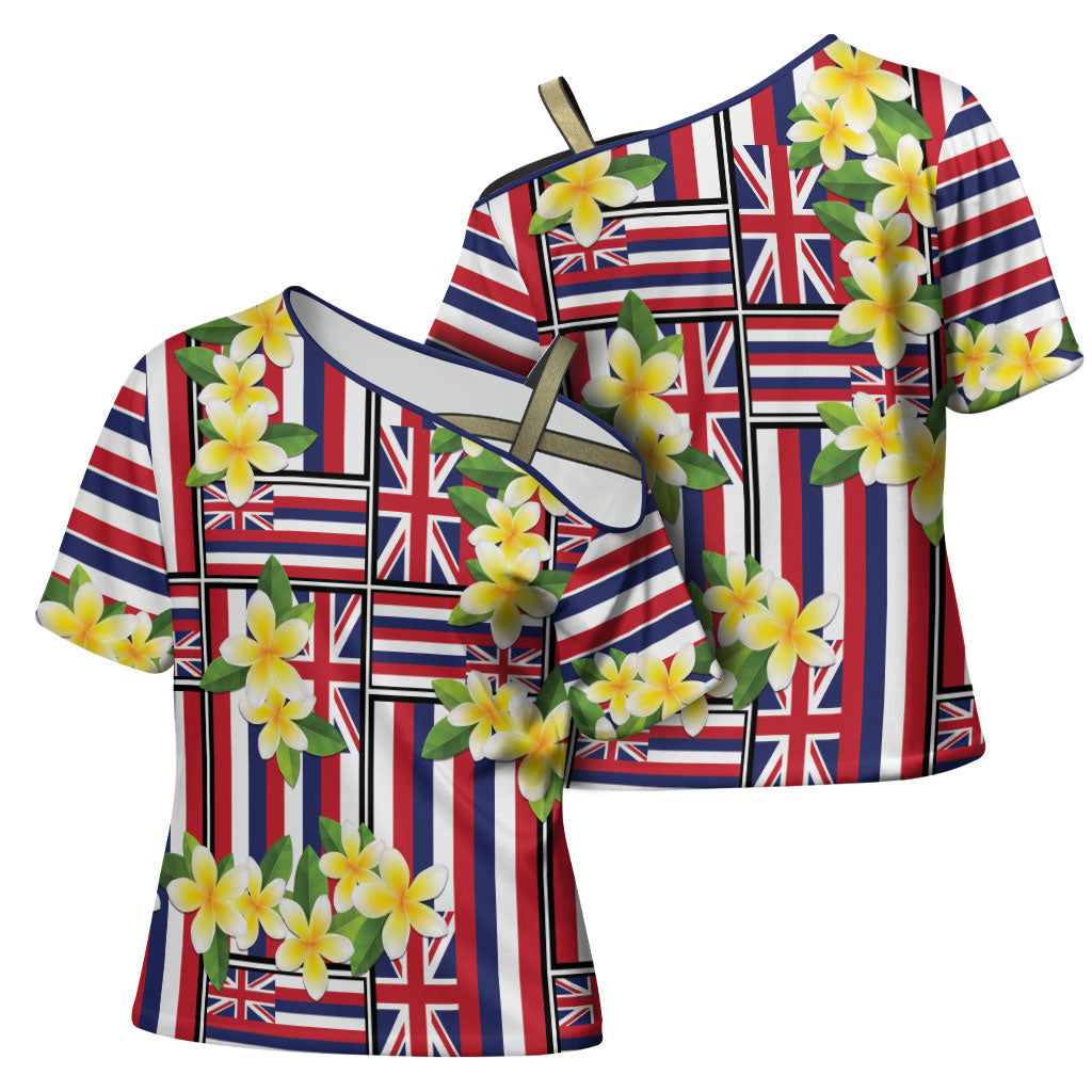 Hawaii Plumeria Lei Cross Shoulder Shirt Hawaiian Flag Motif