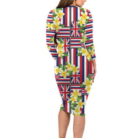 Hawaii Plumeria Lei Family Matching Long Sleeve Bodycon Dress and Hawaiian Shirt Hawaiian Flag Motif LT9 - Polynesian Pride