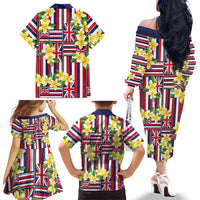 Hawaii Plumeria Lei Family Matching Off The Shoulder Long Sleeve Dress and Hawaiian Shirt Hawaiian Flag Motif LT9 - Polynesian Pride