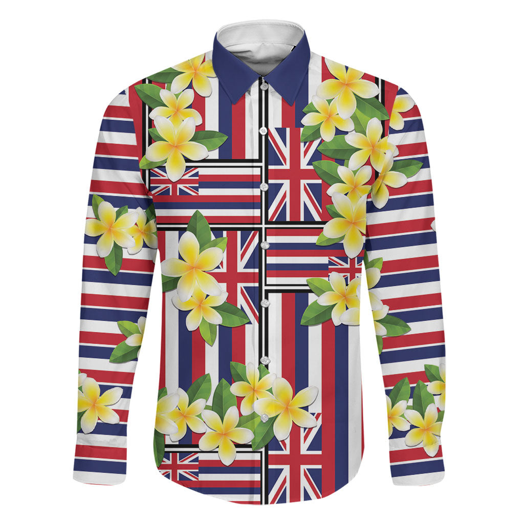 Hawaii Plumeria Lei Family Matching Off The Shoulder Long Sleeve Dress and Hawaiian Shirt Hawaiian Flag Motif LT9 Dad's Shirt - Long Sleeve Red - Polynesian Pride