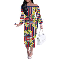 Hawaii Plumeria Lei Family Matching Off The Shoulder Long Sleeve Dress and Hawaiian Shirt Hawaiian Flag Motif LT9 Mom's Dress Red - Polynesian Pride