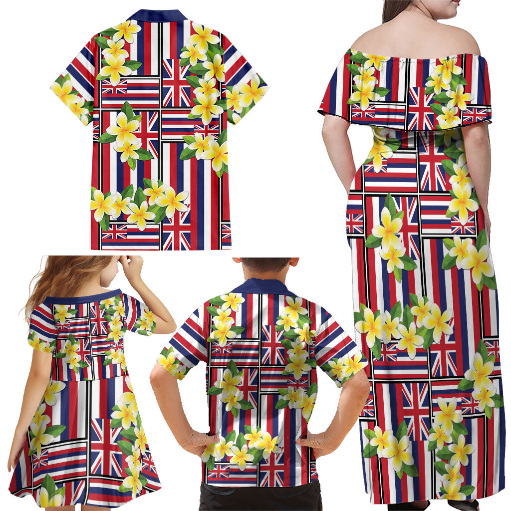 Hawaii Plumeria Lei Family Matching Off Shoulder Maxi Dress and Hawaiian Shirt Hawaiian Flag Motif LT9 - Polynesian Pride