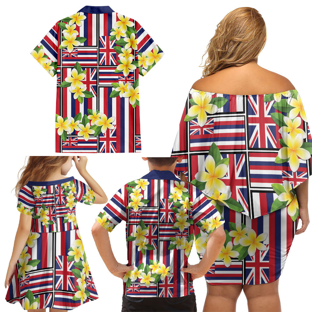Hawaii Plumeria Lei Family Matching Off Shoulder Short Dress and Hawaiian Shirt Hawaiian Flag Motif LT9 - Polynesian Pride