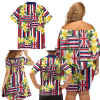 Hawaii Plumeria Lei Family Matching Off Shoulder Short Dress and Hawaiian Shirt Hawaiian Flag Motif LT9 - Polynesian Pride