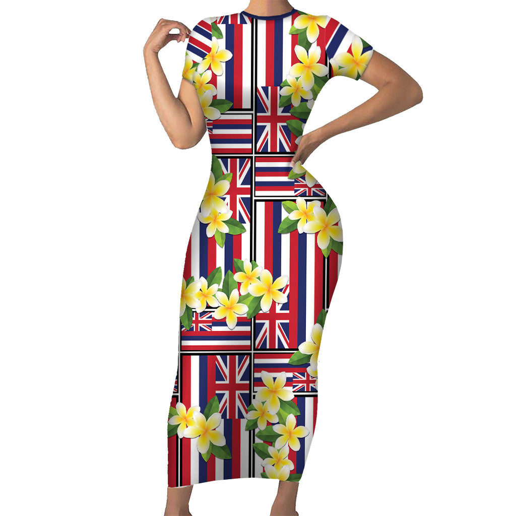 Hawaii Plumeria Lei Family Matching Short Sleeve Bodycon Dress and Hawaiian Shirt Hawaiian Flag Motif LT9 Mom's Dress Red - Polynesian Pride