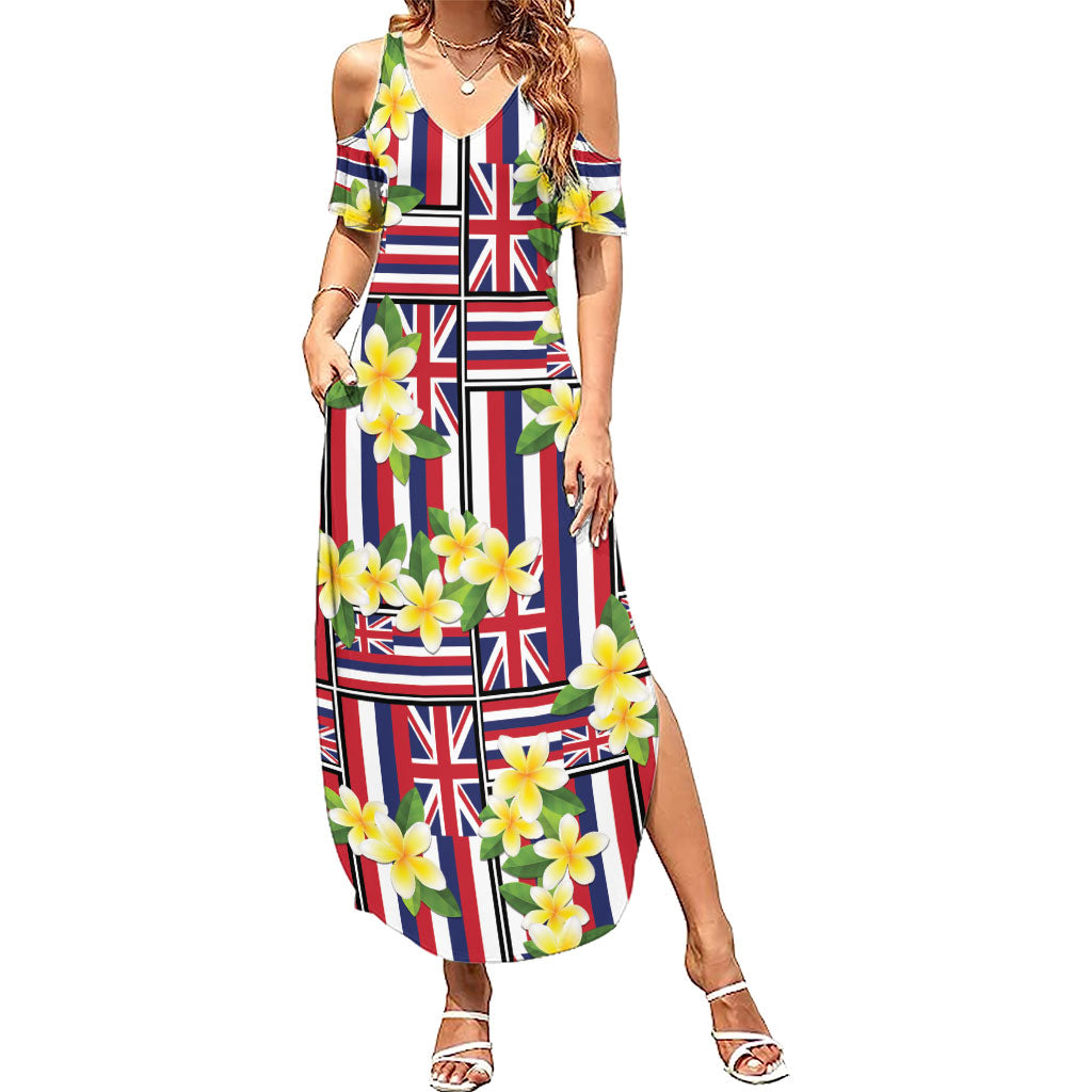 Hawaii Plumeria Lei Family Matching Summer Maxi Dress and Hawaiian Shirt Hawaiian Flag Motif LT9 Mom's Dress Red - Polynesian Pride