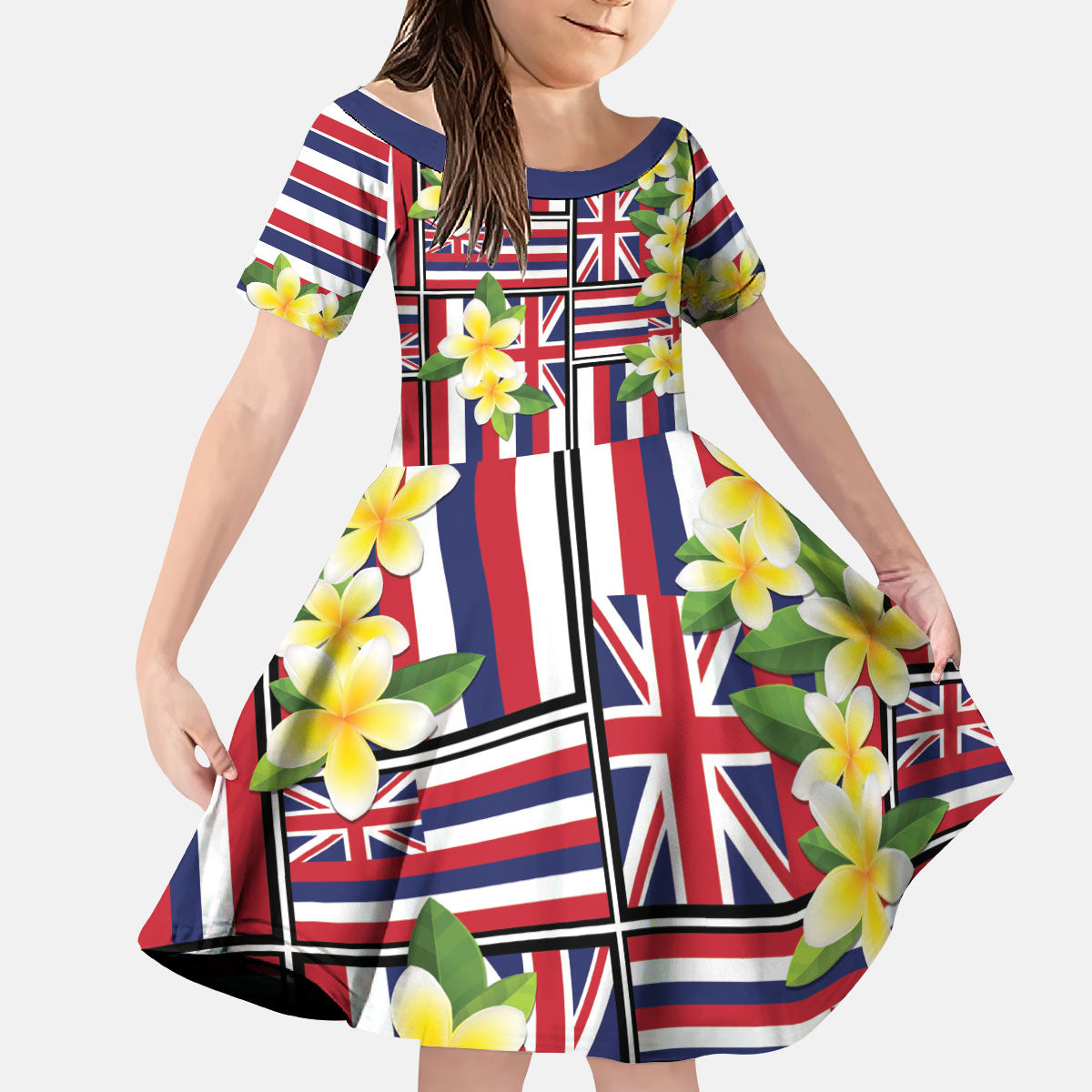 Hawaii Plumeria Lei Kid Short Sleeve Dress Hawaiian Flag Motif