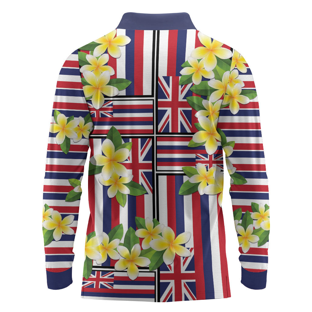 Hawaii Plumeria Lei Long Sleeve Polo Shirt Hawaiian Flag Motif