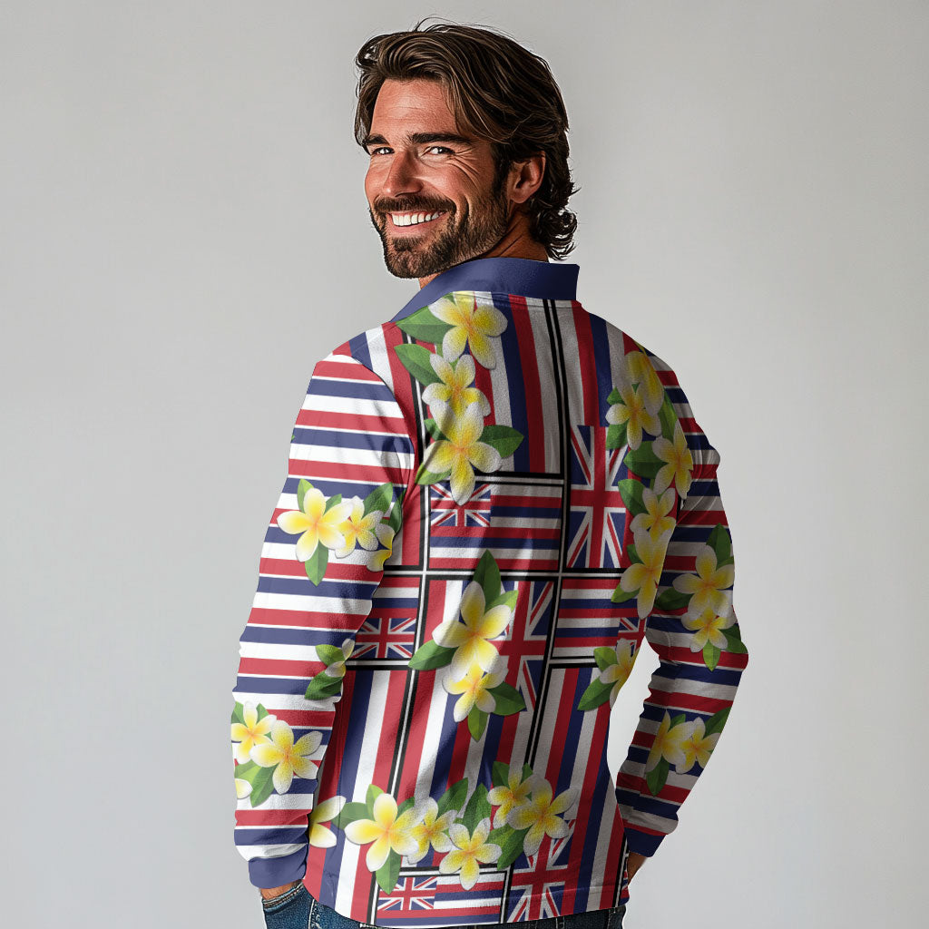 Hawaii Plumeria Lei Long Sleeve Polo Shirt Hawaiian Flag Motif