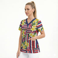 Hawaii Plumeria Lei Scrub Top Hawaiian Flag Motif