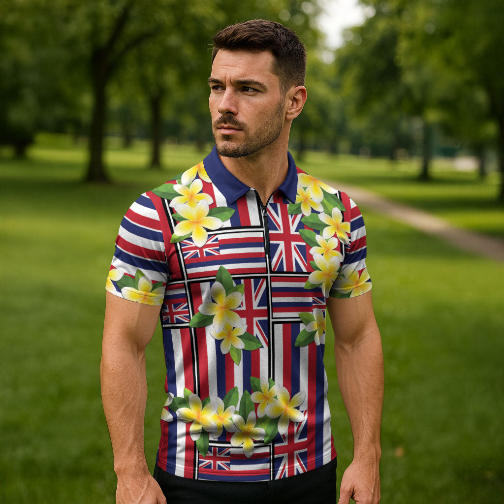Hawaii Plumeria Lei Zipper Polo Shirt Hawaiian Flag Motif