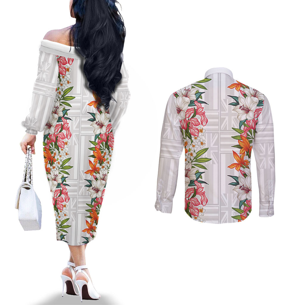 Hawaii Tropical Twist Lei Couples Matching Off The Shoulder Long Sleeve Dress and Long Sleeve Button Shirt Hawaiian Flag Motif LT9 - Polynesian Pride