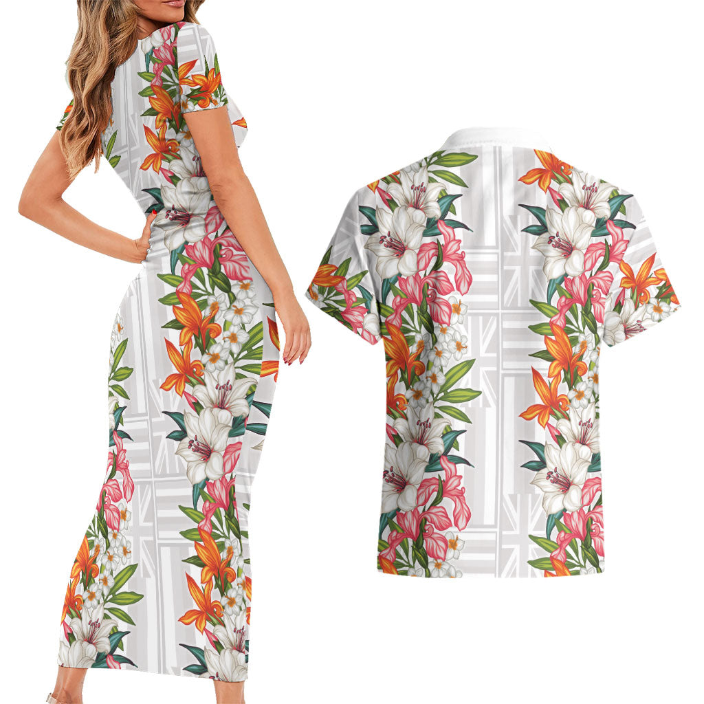 Hawaii Tropical Twist Lei Couples Matching Short Sleeve Bodycon Dress and Hawaiian Shirt Hawaiian Flag Motif LT9 - Polynesian Pride