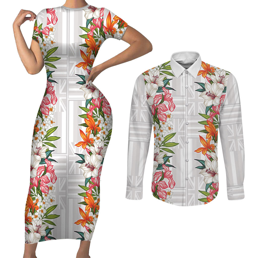 Hawaii Tropical Twist Lei Couples Matching Short Sleeve Bodycon Dress and Long Sleeve Button Shirt Hawaiian Flag Motif