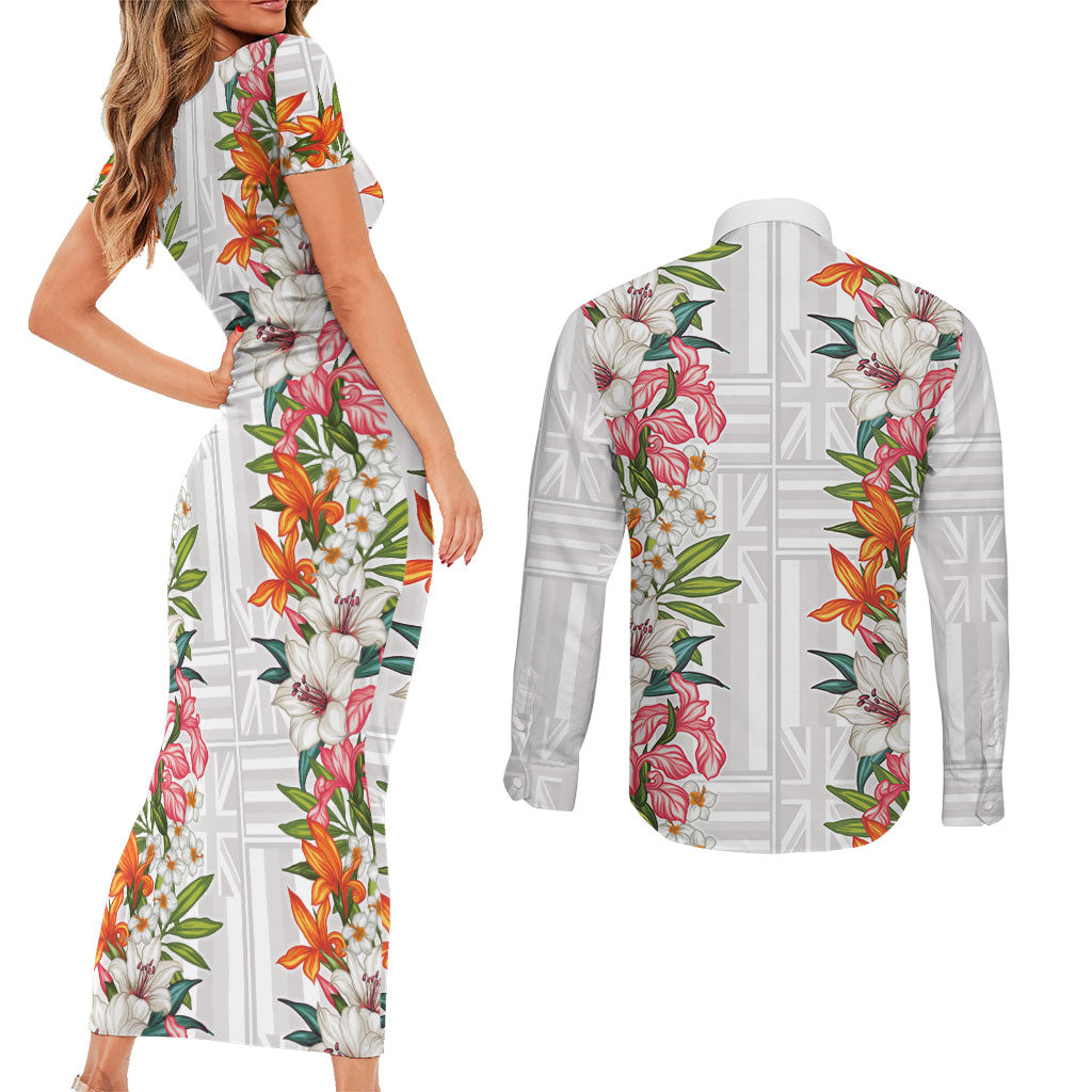 Hawaii Tropical Twist Lei Couples Matching Short Sleeve Bodycon Dress and Long Sleeve Button Shirt Hawaiian Flag Motif LT9 - Polynesian Pride