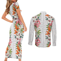 Hawaii Tropical Twist Lei Couples Matching Short Sleeve Bodycon Dress and Long Sleeve Button Shirt Hawaiian Flag Motif LT9 - Polynesian Pride