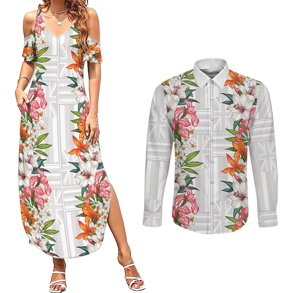 Hawaii Tropical Twist Lei Couples Matching Summer Maxi Dress and Long Sleeve Button Shirt Hawaiian Flag Motif LT9 White - Polynesian Pride