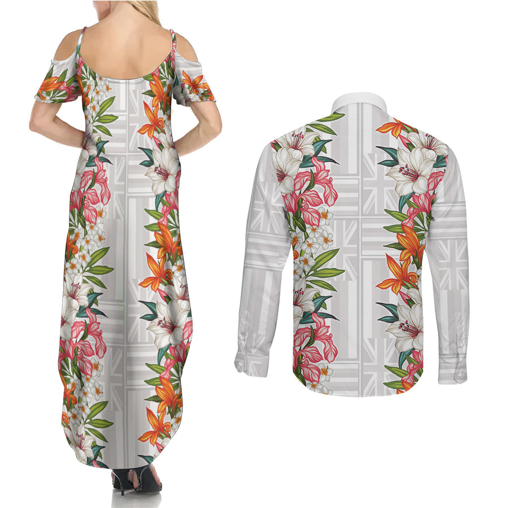 Hawaii Tropical Twist Lei Couples Matching Summer Maxi Dress and Long Sleeve Button Shirt Hawaiian Flag Motif LT9 - Polynesian Pride