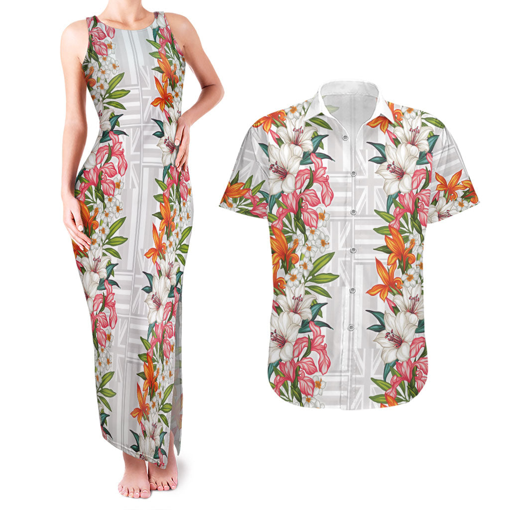 Hawaii Tropical Twist Lei Couples Matching Tank Maxi Dress and Hawaiian Shirt Hawaiian Flag Motif