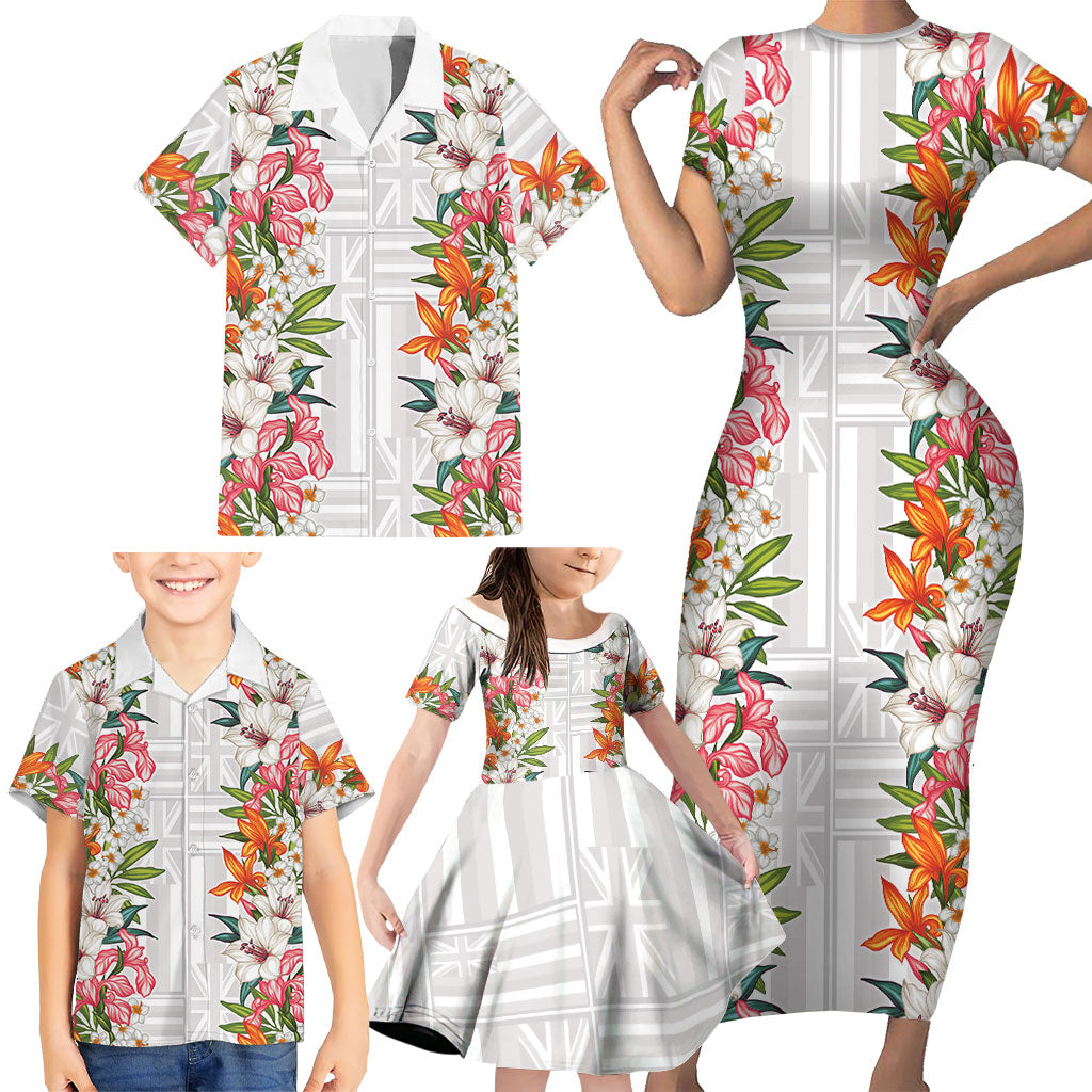Hawaii Tropical Twist Lei Family Matching Short Sleeve Bodycon Dress and Hawaiian Shirt Hawaiian Flag Motif