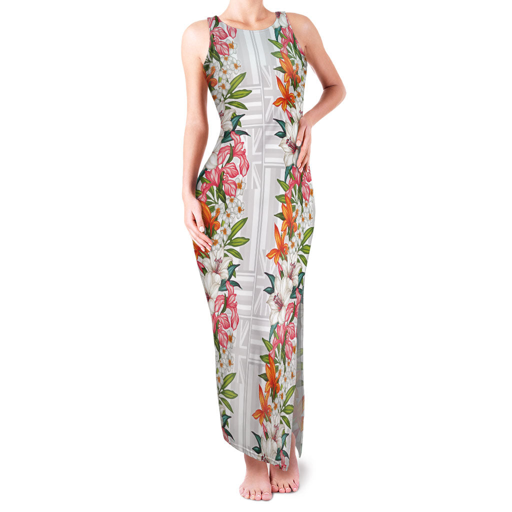 Hawaii Tropical Twist Lei Family Matching Tank Maxi Dress and Hawaiian Shirt Hawaiian Flag Motif LT9 Mom's Dress White - Polynesian Pride