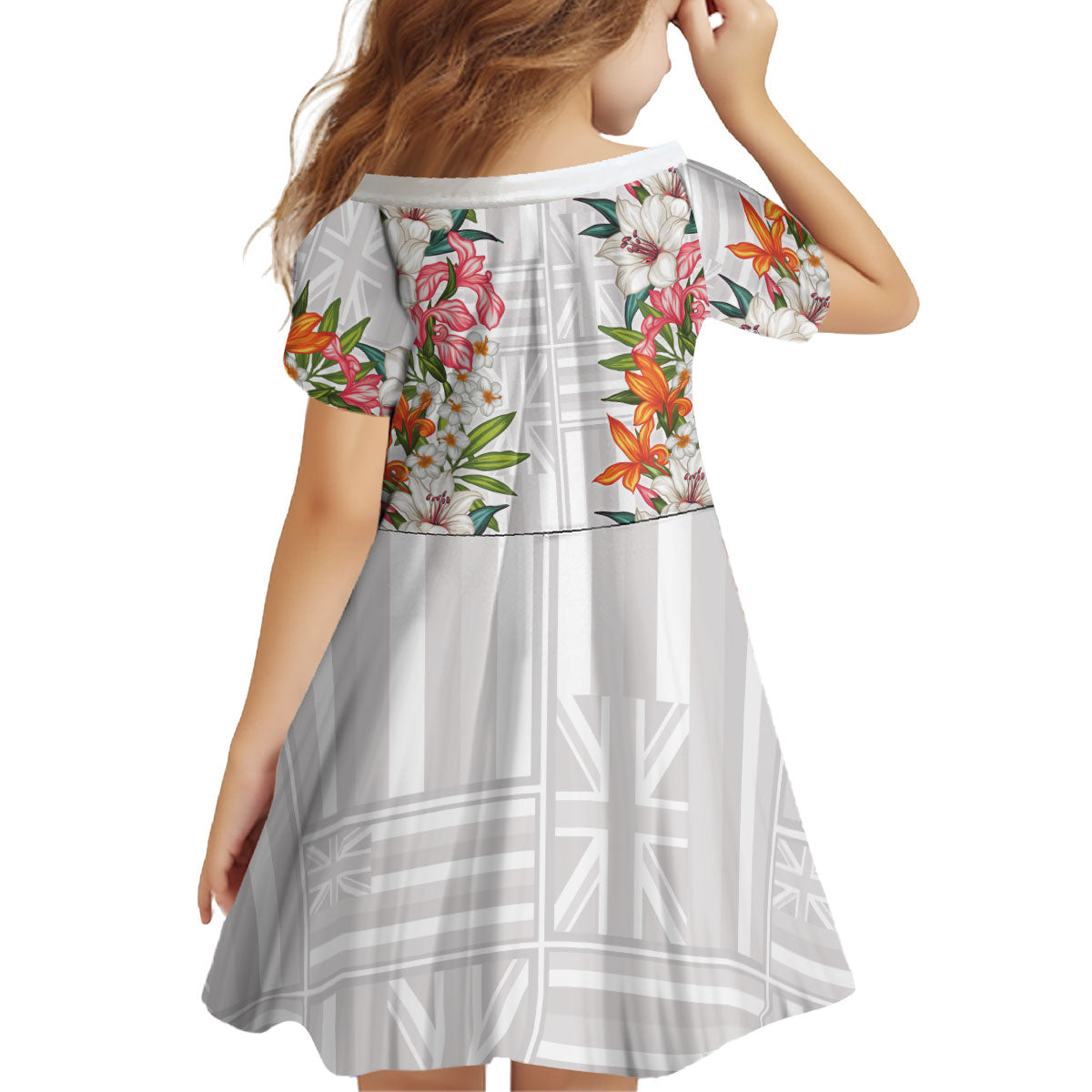 Hawaii Tropical Twist Lei Kid Short Sleeve Dress Hawaiian Flag Motif