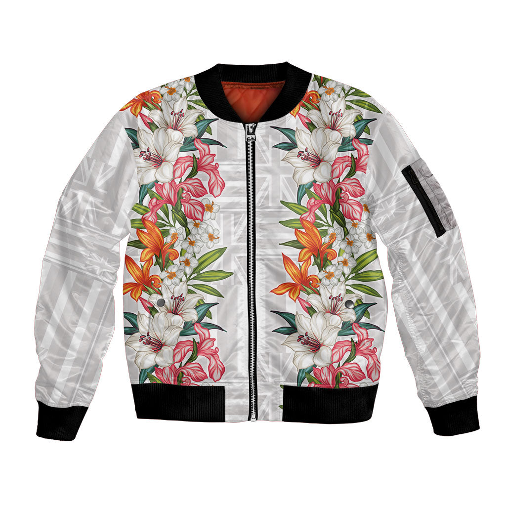 Hawaii Tropical Twist Lei Sleeve Zip Bomber Jacket Hawaiian Flag Motif