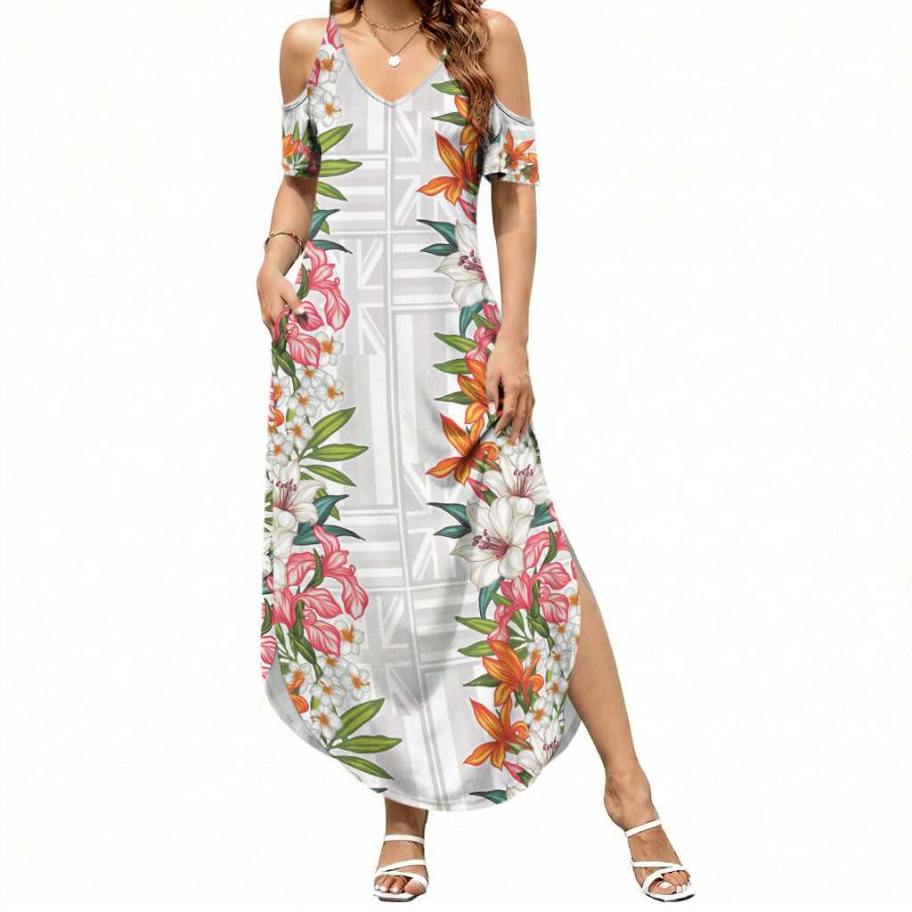 Hawaii Tropical Twist Lei Summer Maxi Dress Hawaiian Flag Motif LT9 Women White - Polynesian Pride