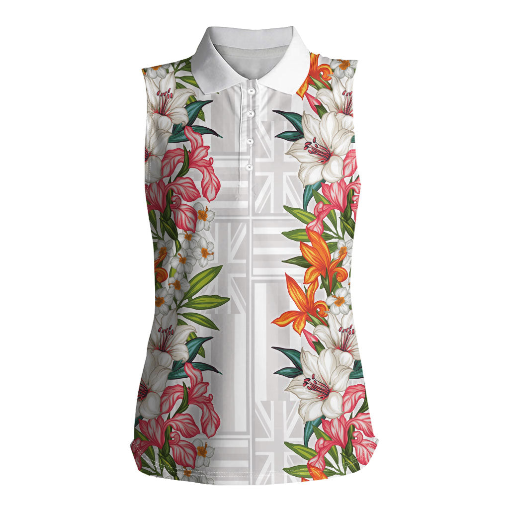 Hawaii Tropical Twist Lei Women Sleeveless Polo Shirt Hawaiian Flag Motif LT9 Female White - Polynesian Pride