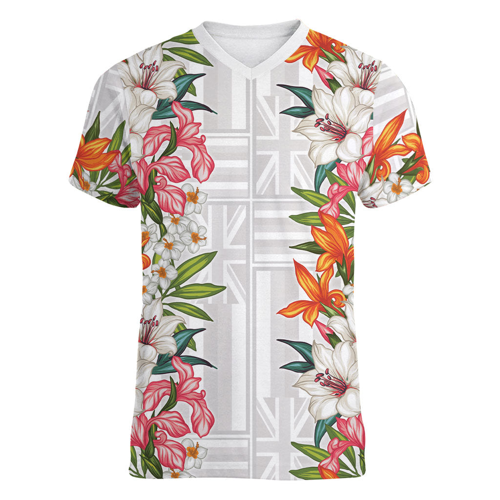 Hawaii Tropical Twist Lei Women V-Neck T-Shirt Hawaiian Flag Motif LT9 Female White - Polynesian Pride