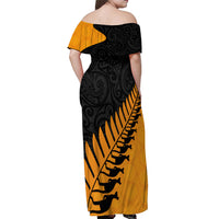 Australia Wallabies and Aotearoa Rugby Off Shoulder Maxi Dress Kangaroo Black Fern Maori Gold Vibe LT9 - Polynesian Pride