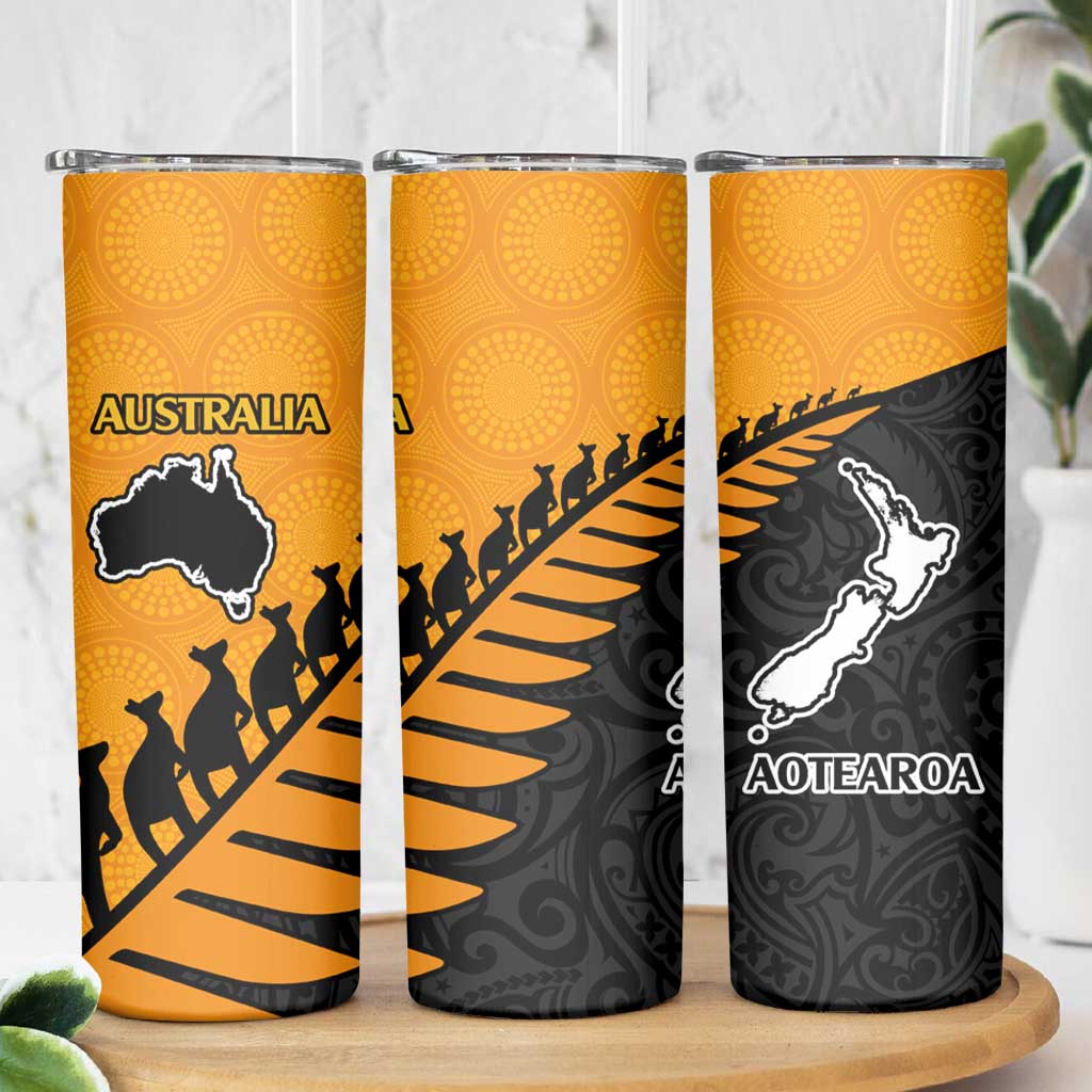Australia New Zealand Rugby Skinny Tumbler Aboriginal Wallabies and Maori Black Fern Gold Vibe LT9 - Polynesian Pride
