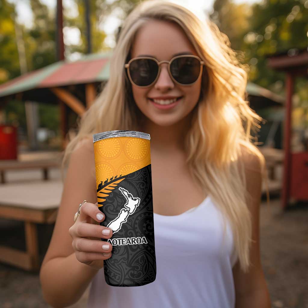 Australia New Zealand Rugby Skinny Tumbler Aboriginal Wallabies and Maori Black Fern Gold Vibe LT9 - Polynesian Pride